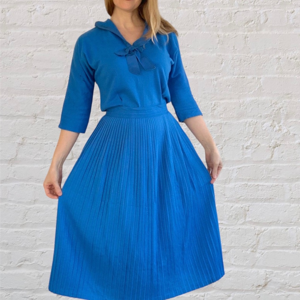 Midcentury Pleated Skirt and Sailor Blouse Outfit 50s 60s Blue Dress Vintage XS